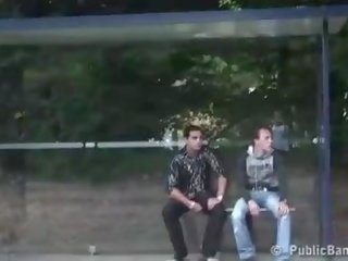 Public sex film extreme bus stop threesome