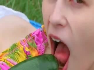 Outdoor vibrating pussy with cucumber