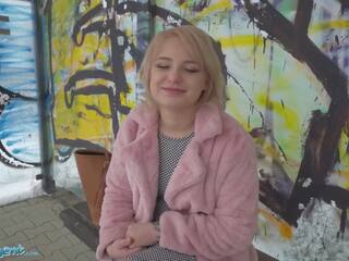 Public Agent amatuer teen with short blonde hair chatted up at busstop and taken to basement to get fucked by big phallus